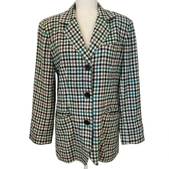 Focus 2000 Womens Vintage Green Plaid Silk Blazer - Picture 1 of 8
